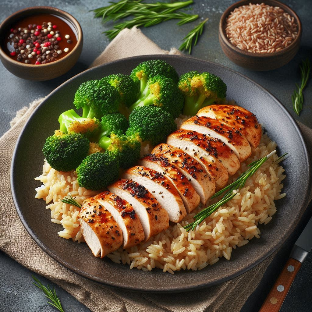 Almoço Filé de Frango Grelhado com Arroz Integral e Brócolos