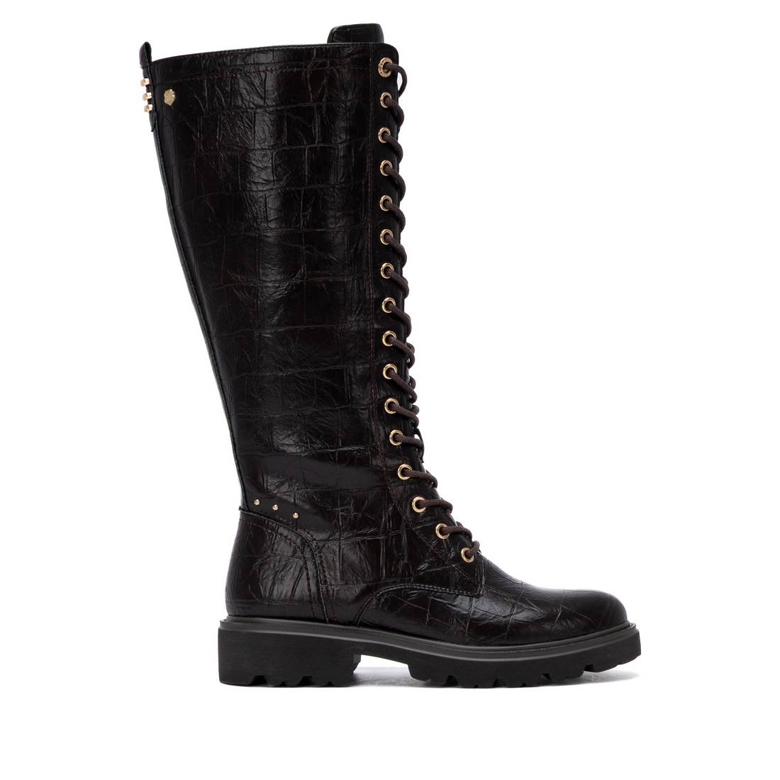Bota militar Carmela castanha efeito coco com atacadores, vista lateral
