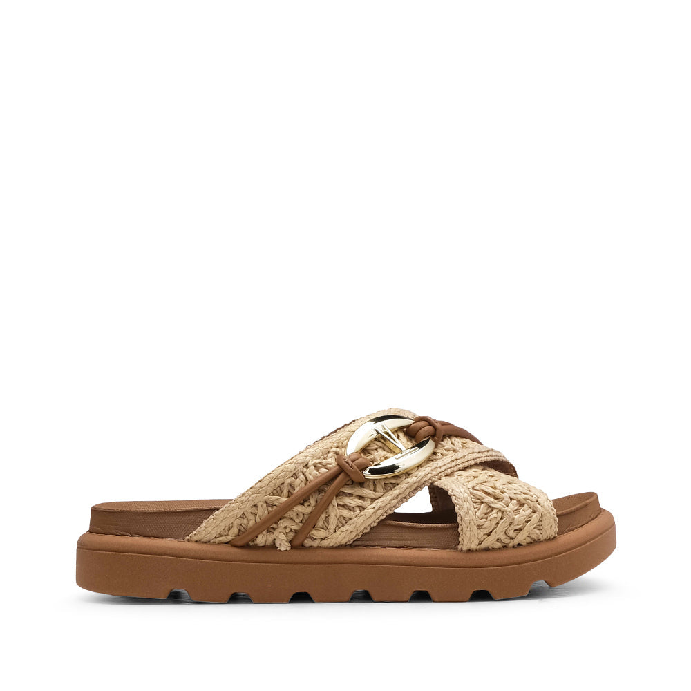 Chinelo Vizzano entraçado em ráfia com detalhe metálico dourado e sola castanha — vista lateral | Roma Pell