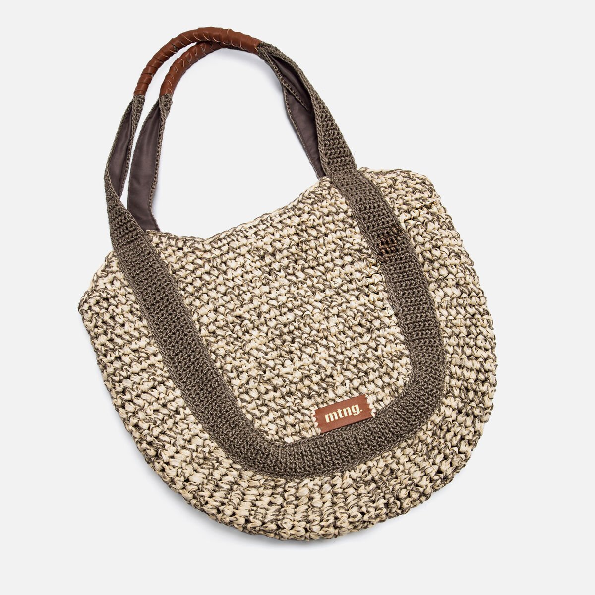 Bolsa shopper Mustang Mar — vista de conjunto, ráfia natural e acabamentos em verde cáqui