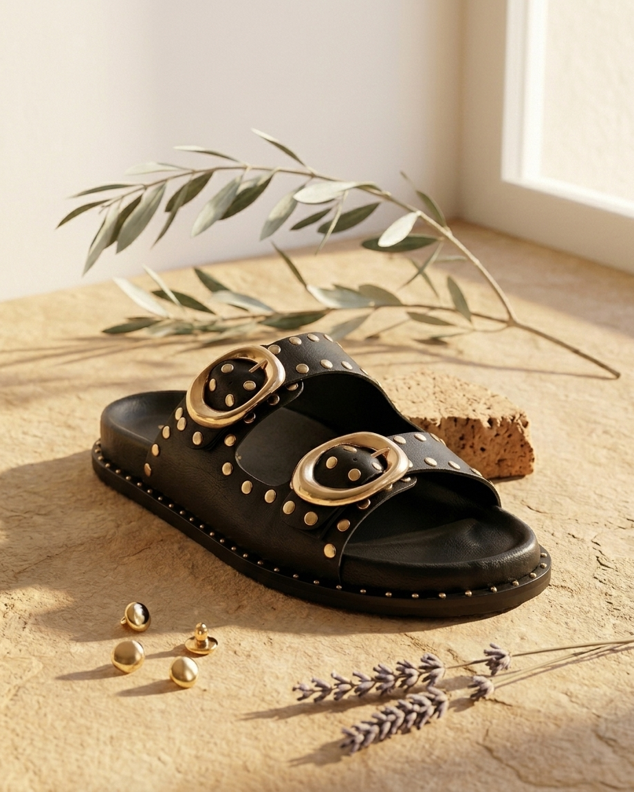 Sandália feminina Carmela em pele preta com duas tiras e fivelas douradas oversized, tachas metálicas distribuídas nas tiras e na sola, apresentada sobre superfície de pedra com ramo de oliveira e flores de lavanda secas ao fundo