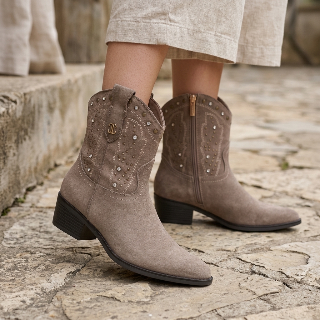 Par de botins texanos Carmela em camurça taupe com tachas e fecho de correr, calçados com calças de linho sobre pedra