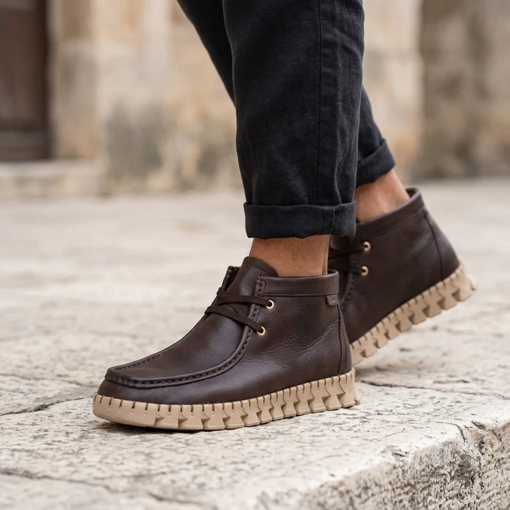 Botins Carmela wallabee castanhos em movimento sobre calçada de pedra, usados com calças de ganga escura dobradas