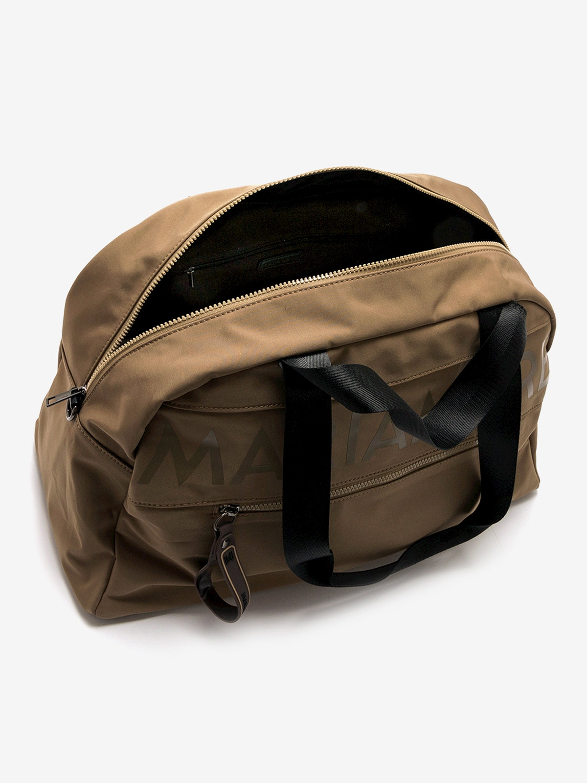 Mala bowling Mariamare Duvet verde kaki vista de cima com o fecho de correr aberto, a mostrar o interior escuro