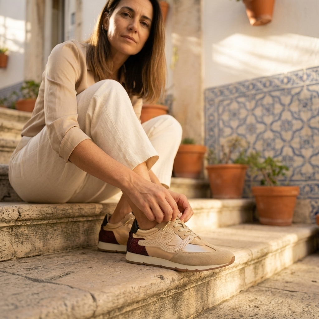Mulher sentada num degrau de pedra a ajustar as sapatilhas femininas Elena Bloom bege, num pátio com azulejos portugueses.