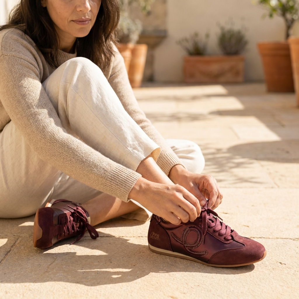 Mulher sentada ao sol com as pernas dobradas a ajustar os atacadores das sapatilhas Elena Bloom bordeaux, num pátio com vasos de barro