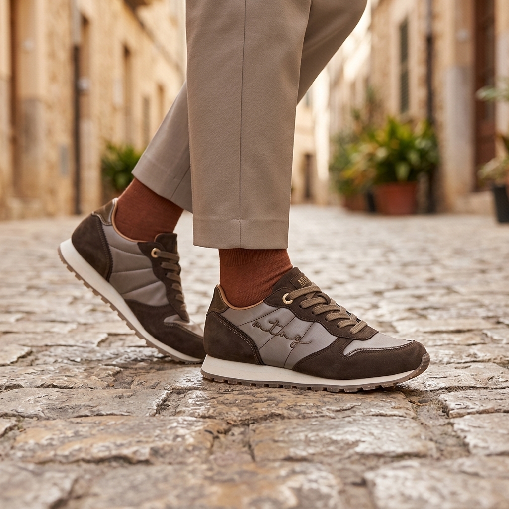 Sapatilhas Mustang castanho moka e taupe calçadas numa rua de calçada empedrada, em movimento, com calças cinzentas e meias cor de ferrugem.
