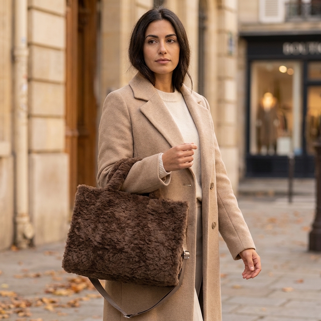 Mulher de casaco camel caminha numa rua de pedra com a Mala Tote Mustang Fey castanho, mala feminina em pelo suave para o inverno