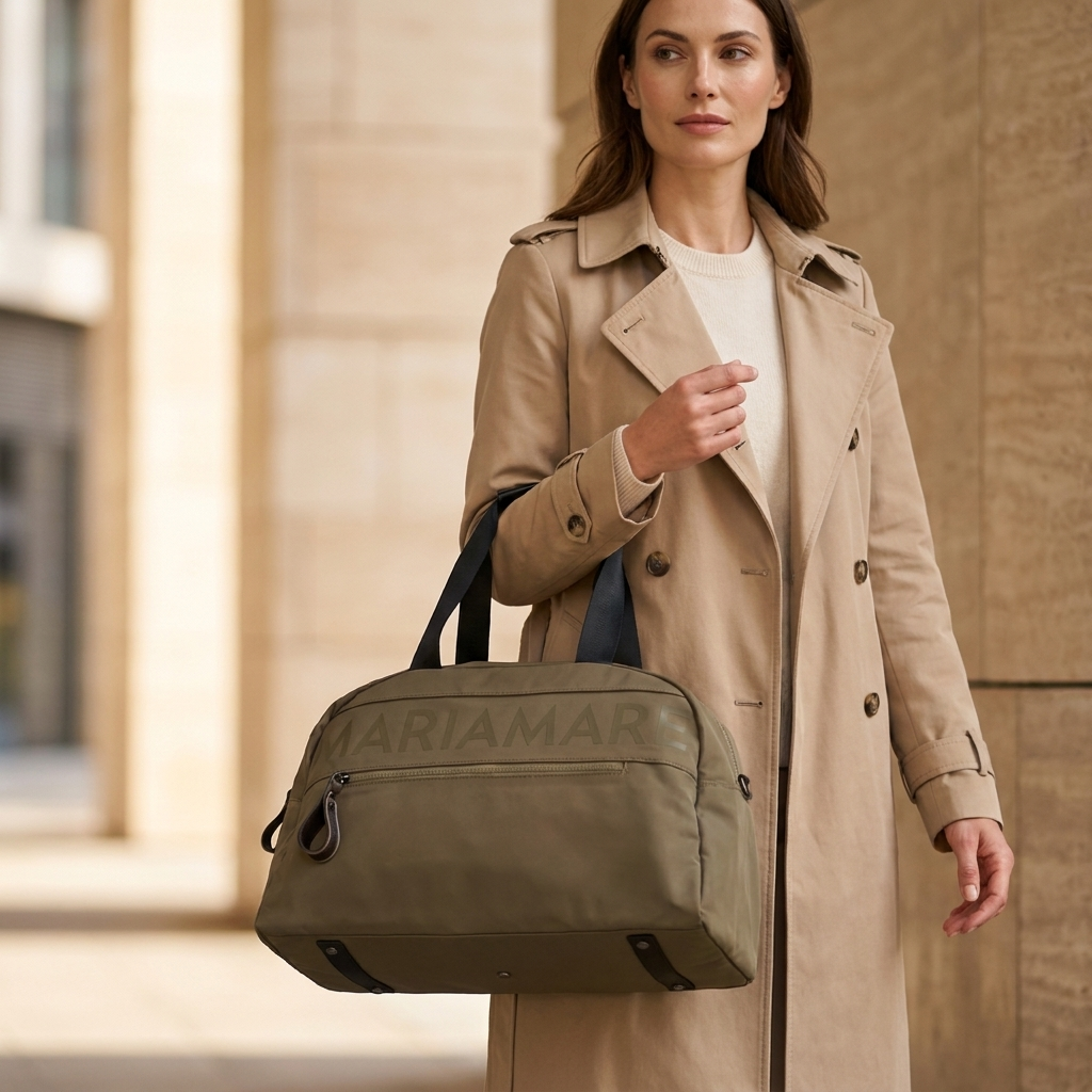 Mulher com trench bege junto a uma parede de pedra clara, a segurar a mala bowling Mariamare Duvet verde kaki