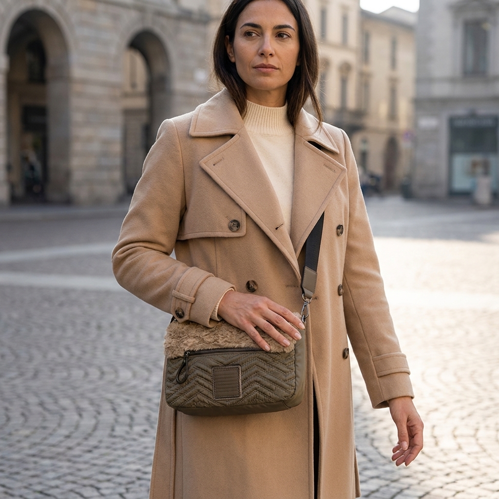 Mala tiracolo Mariamare Favia verde kaki sobre modelo com trench camel, numa praça de calçada histórica
