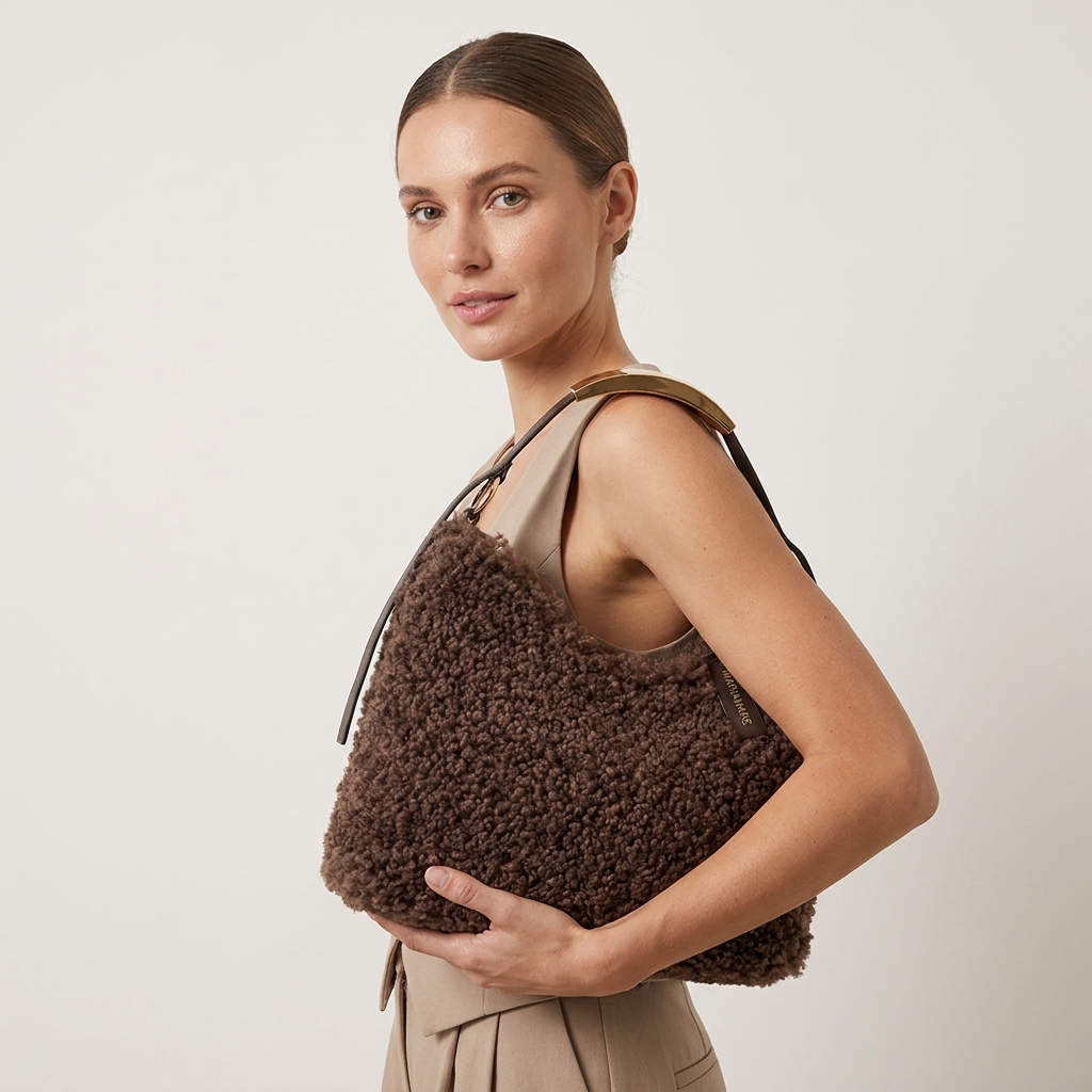 Modelo veste a Mala Fisty Castanho ao ombro, em contexto urbano de inverno