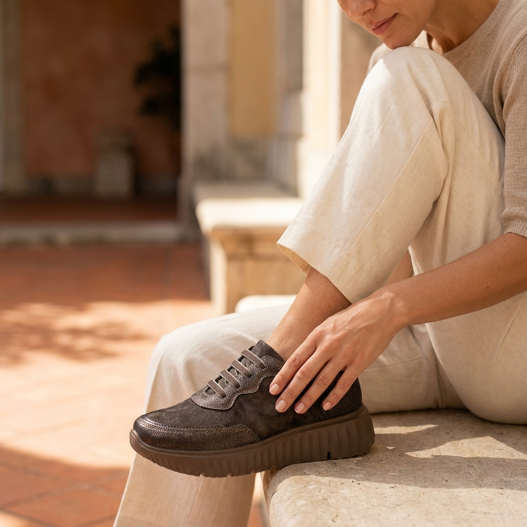 Mulher sentada num banco de pedra com sapatilhas Mysoft Muse castanhas de plataforma e calças claras