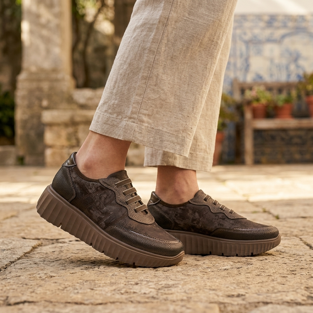 Mulher a caminhar com sapatilhas Mysoft Muse castanhas e calças de linho bege num pátio de pedra