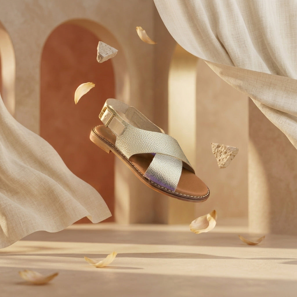Sandália plana Oh My Sandals 5831 em pele champanhe com reflexo iridescente, suspensa no ar contra fundo de arcos em pedra e tecido linho — vista lateral direita