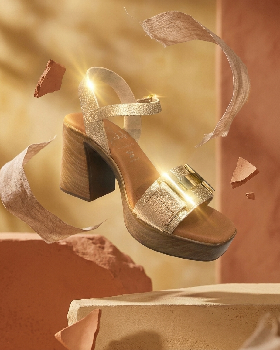 Sandália Oh My Sandals 5931 dourado em composição editorial suspensa — pele metalizada com reflexo dourado intenso, fivela decorativa em destaque, plataforma bloco madeira e palmilha caramelo visível, fundo terracota quente