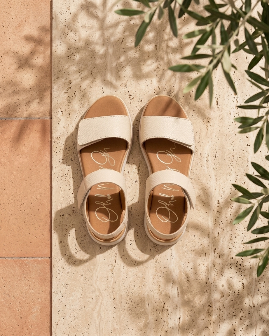 Sandália feminina Oh My Sandals Selene Ice em couro gelo com relevo granulado, vista superior, sobre pavimento de pedra clara com sombra de folhagem — par completo