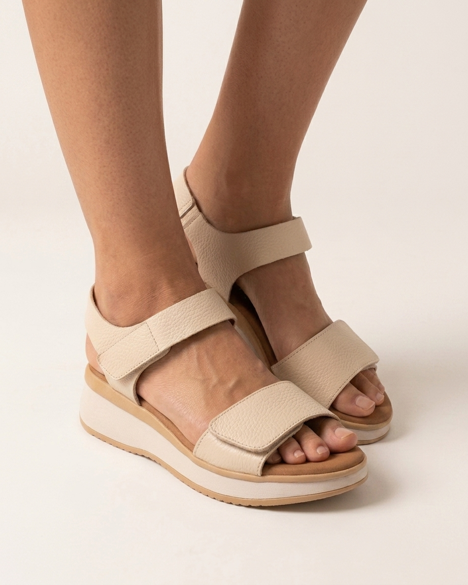Par de sandálias femininas Oh My Sandals Selene Ice em couro gelo, vista frontal de três quartos sobre fundo branco — palmilha em microfibra ecológica e logótipo Oh My Sandals visível