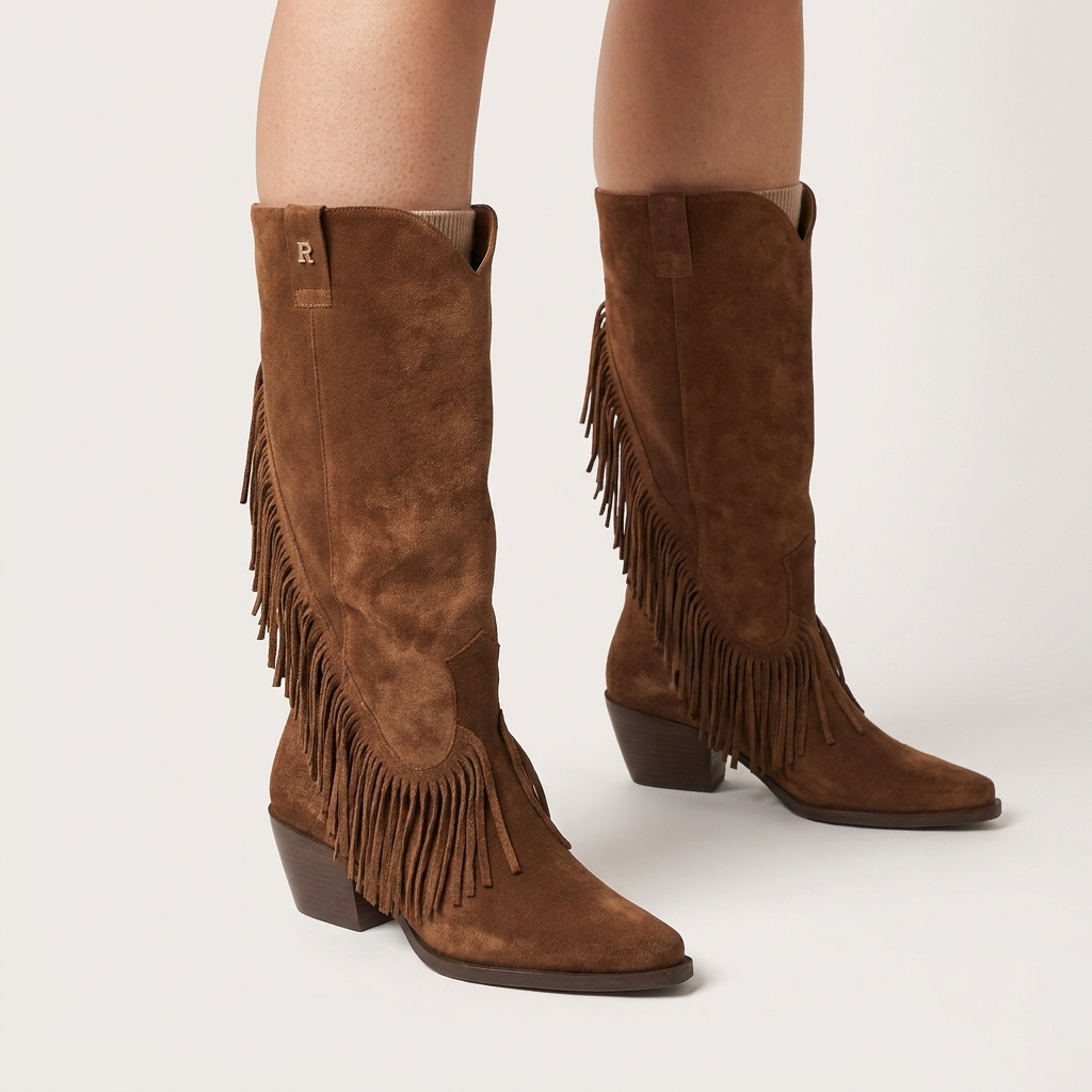 Pernas de mulher a calçar botas Ruika texanas em camurça camel com franjas laterais e R metálico no cano, sobre fundo claro