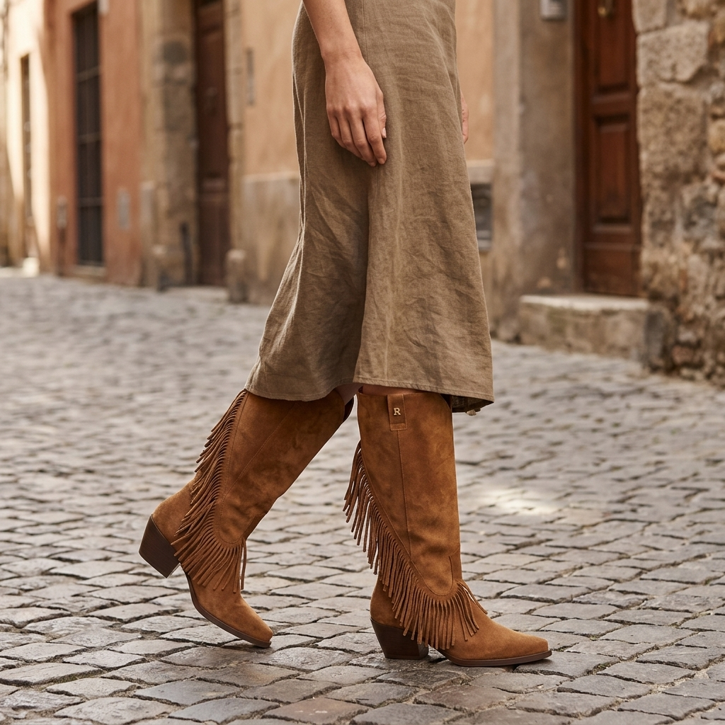 Mulher a caminhar numa rua de calçada com botas Ruika camel de franjas e saia de linho