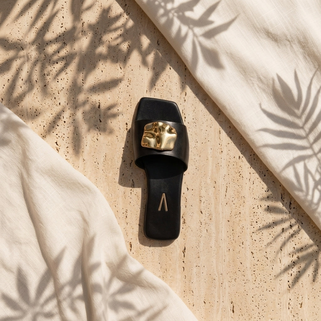 Chinelo raso Vizzano preto com aplicação metálica dourada, visto de cima sobre superfície em travertino bege com sombras de folhas tropicais e tecido linho branco