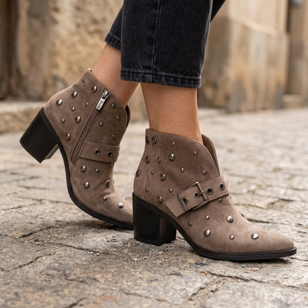 Botins XTi taupe em antelina com tachas e fecho lateral, calçados em pavimento de pedra, com jeans