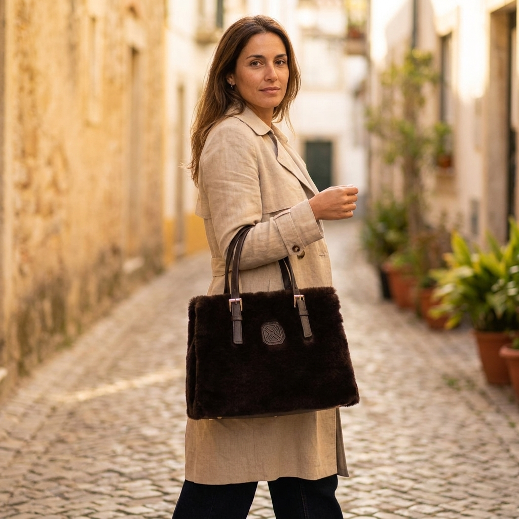 Mulher de casaco camel e calças escuras caminha numa rua de calçada com a mala de ombro Xti castanha com efeito pelo