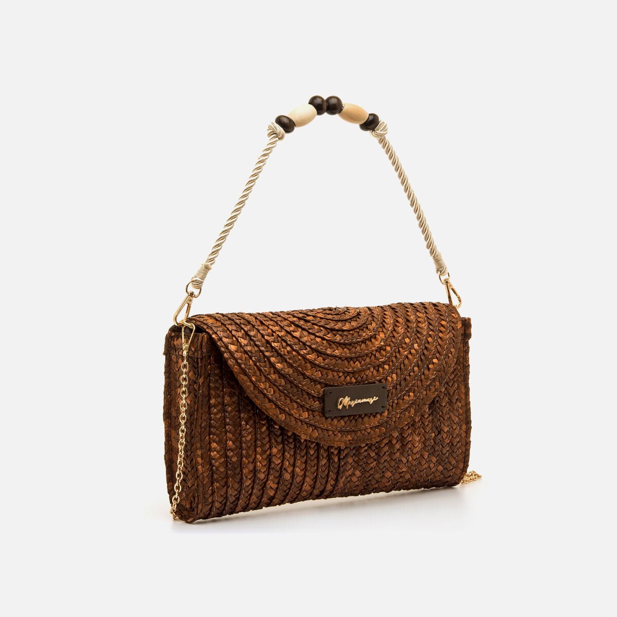 Bolsa Socha Mariamare | Entrançado de Palha | Alça Corrente Dourada - Roma Pell