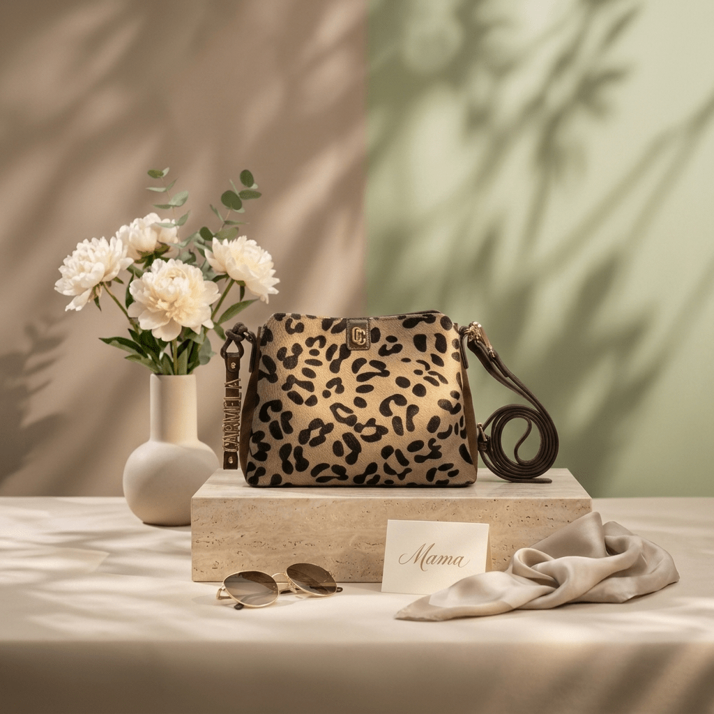Bolsa Carmela camurça taupe em still com flores brancas, óculos de sol, lenço de seda e cartão Mama.
