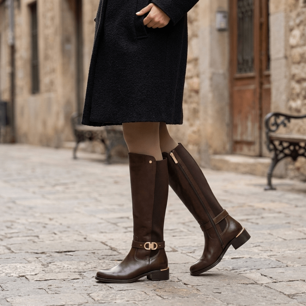 Mulher de casaco preto a caminhar em rua de calçada com botas Carmela castanhas, detalhe dourado no tacão