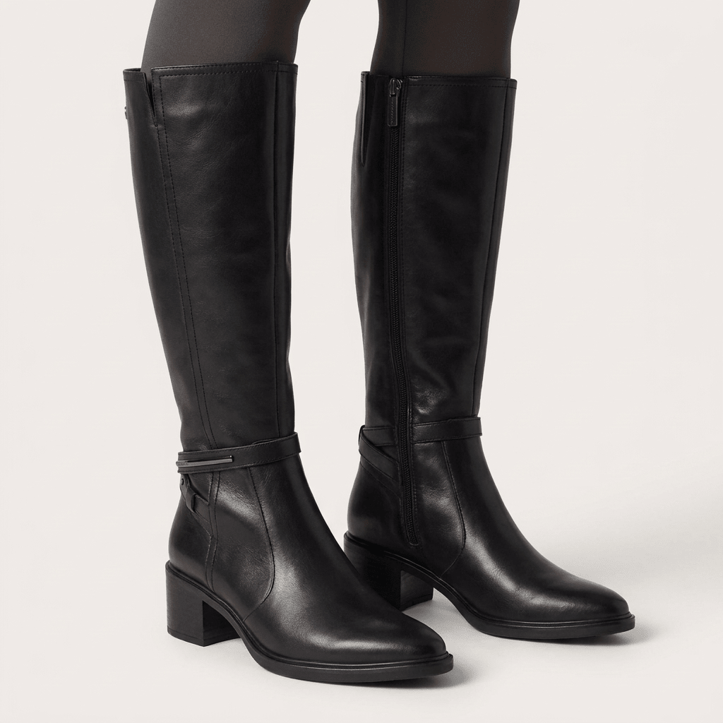 Pormenor de um par de botas Carmela pretas de cano alto em pele, com collants escuros sobre fundo claro de estúdio