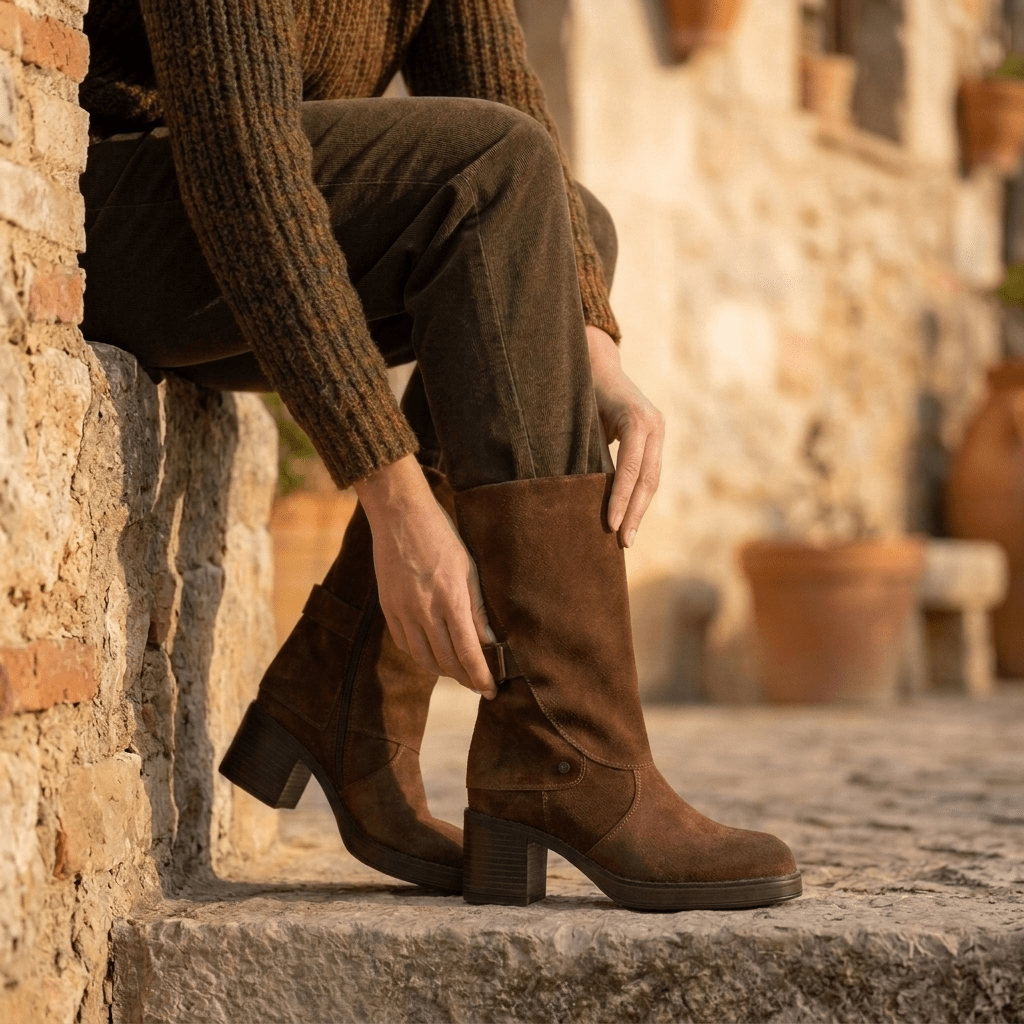 Mulher sentada num muro de pedra, com calças verde-azeitona e camisola de malha, a ajustar a bota Keys Vision castanha com cano dobrado e salto largo