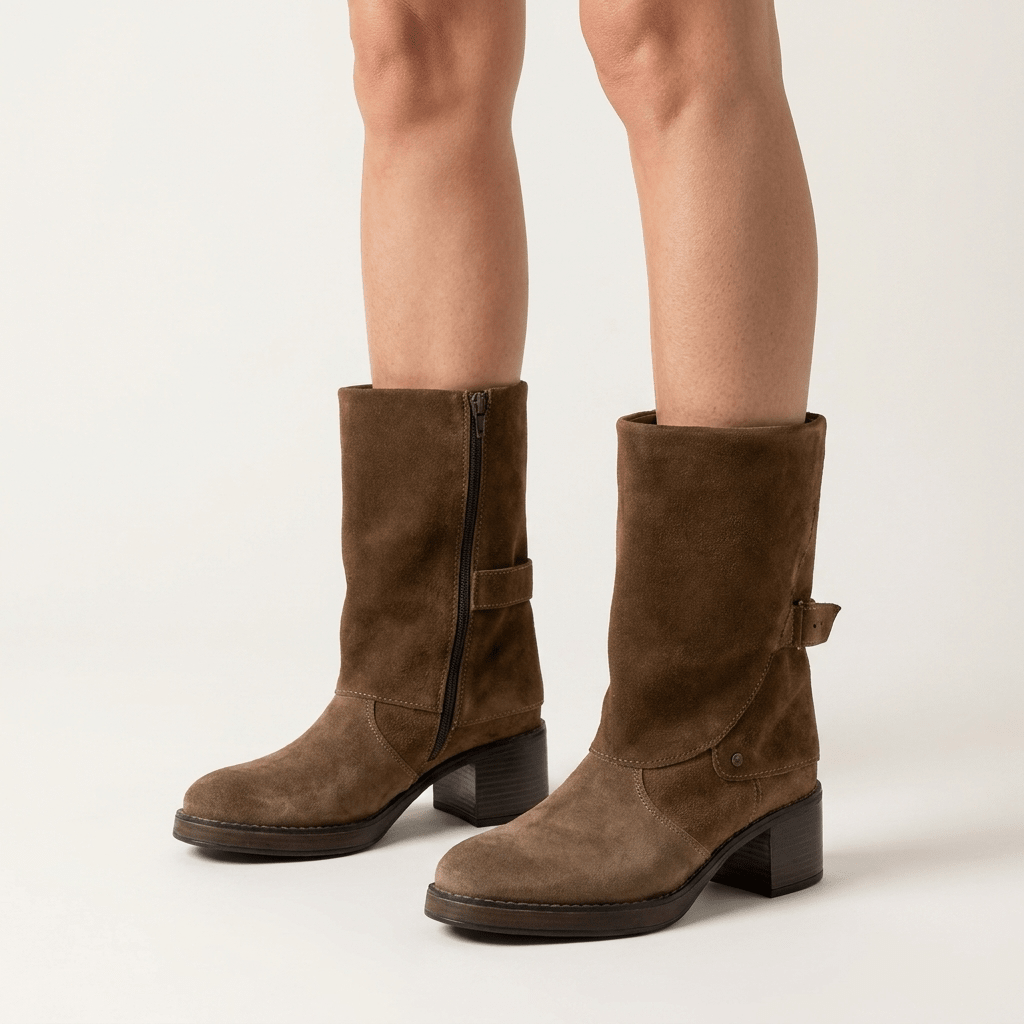 Pernas de mulher a calçar botas Keys Vision castanhas em camurça, com fecho lateral visível, salto largo e cano dobrado, em fundo claro