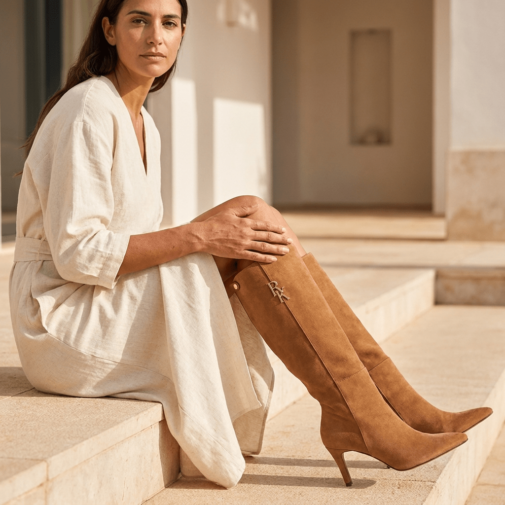 Mulher de vestido creme sentada nos degraus com bota Ruika de camurça camel de cano alto e forma bicuda