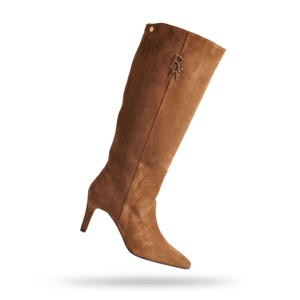Bota Ruika em camurça camel de cano alto, com logótipo metálico e salto de 7 cm, sobre fundo branco