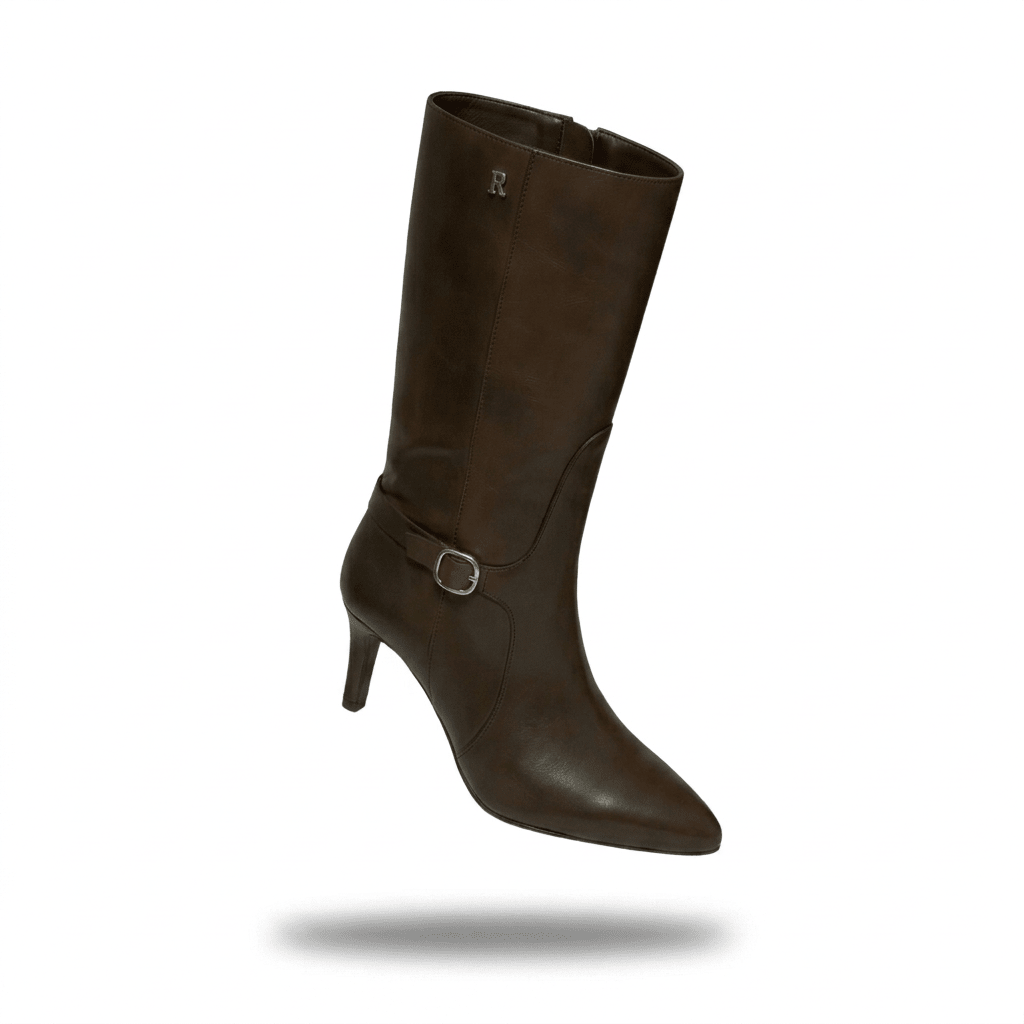 Bota Ruika castanha em pele de meio-cano com salto de 6 cm, bico fino e fivela lateral, em levitação sobre fundo branco
