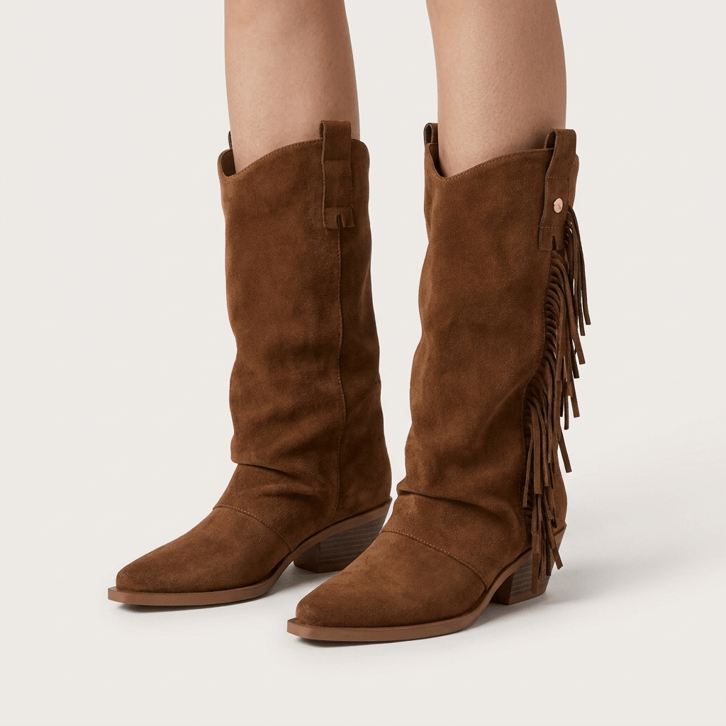 Botas texanas XTi camel em antelina, vista frontal em ângulo com franjas laterais, sobre fundo cinzento-claro