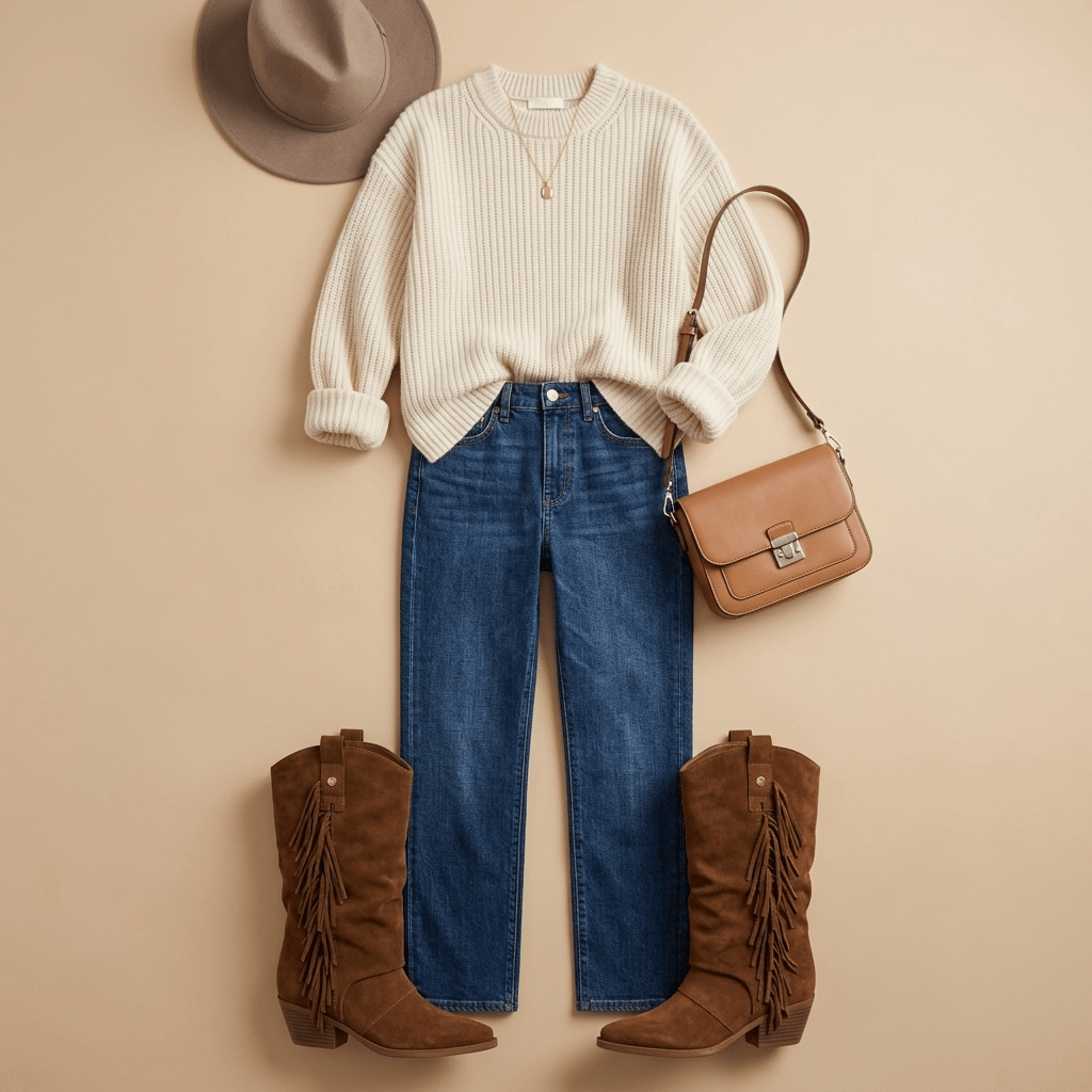 Look com bota texana XTi camel, camisola de malha branca, jeans azuis e mala de ombro castanha