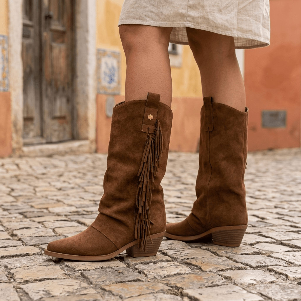 Pernas de modelo com botas texanas XTi camel e franjas laterais, numa rua de calçada com portas antigas