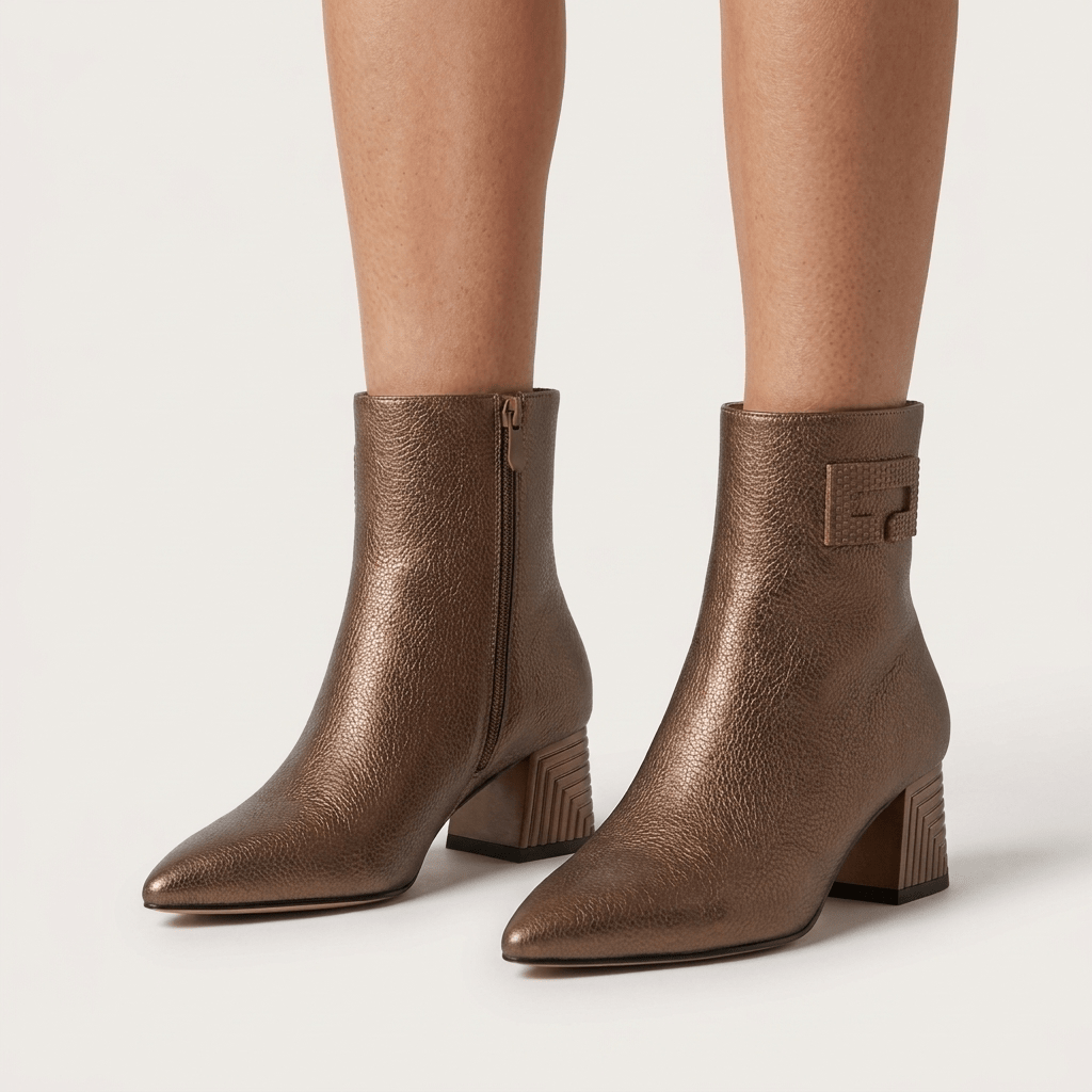 Pormenor de pernas com botins Azarey bronze metalizado em estúdio, com fecho lateral, aplique no cano e salto geométrico
