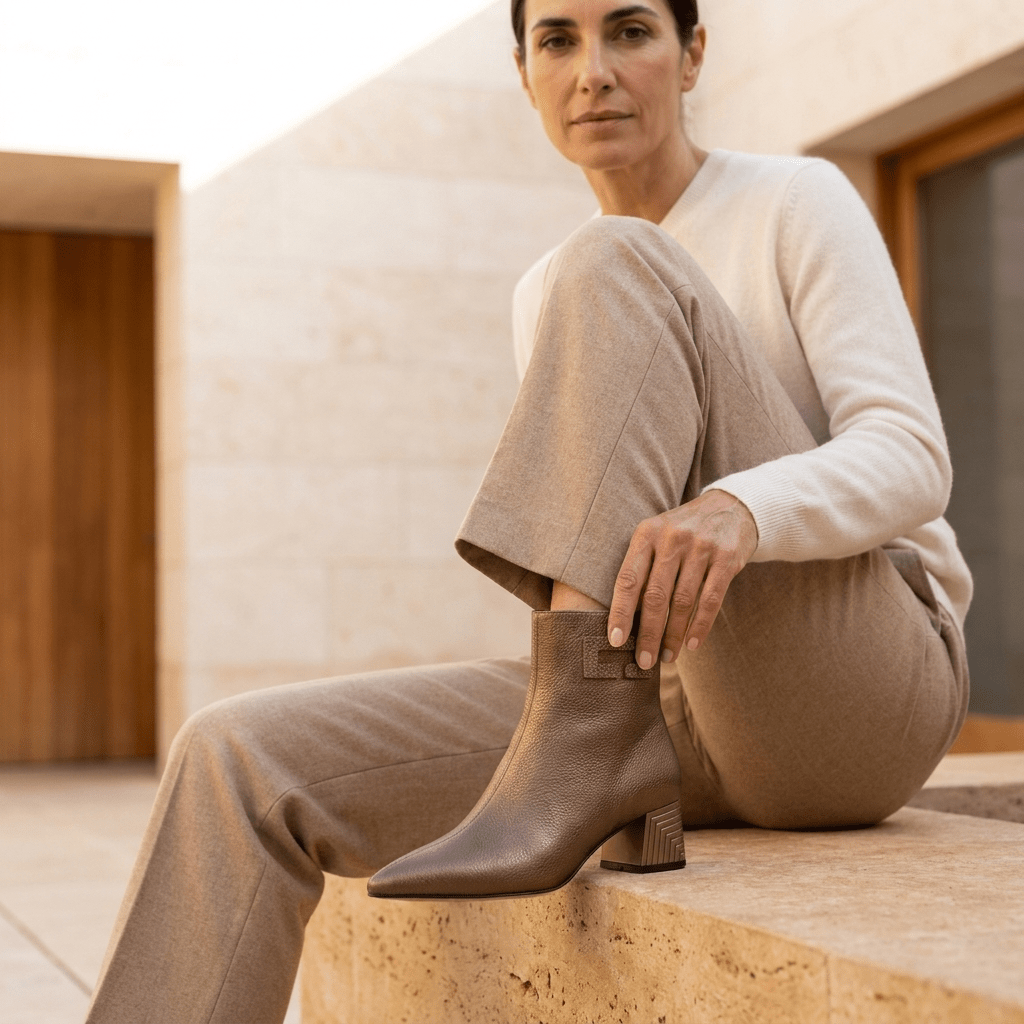 Mulher de camisola branca e calças castanho-claro sentada ao ar livre, com botim Azarey bronze de bico fino e salto geométrico