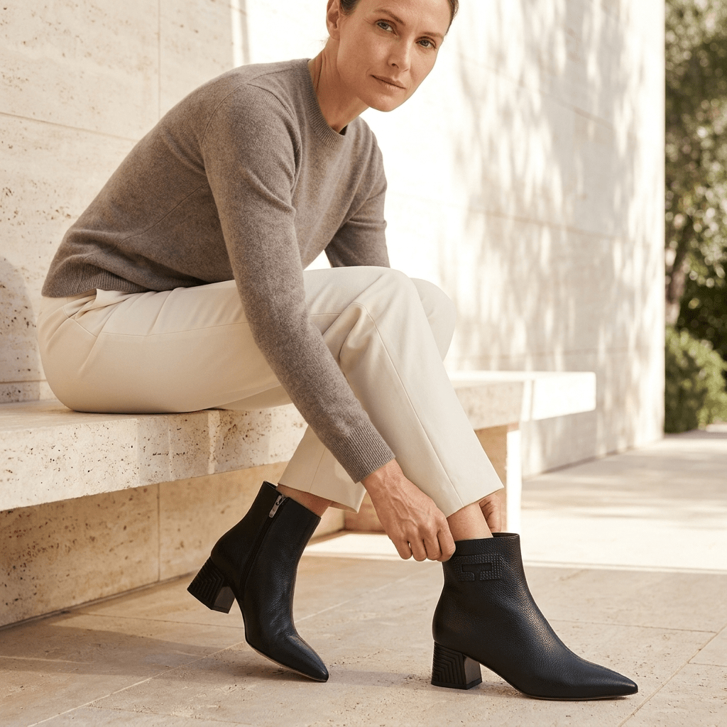 Mulher com camisola castanha e calças brancas sentada a ajustar botins Azarey pretos de bico fino e salto geométrico