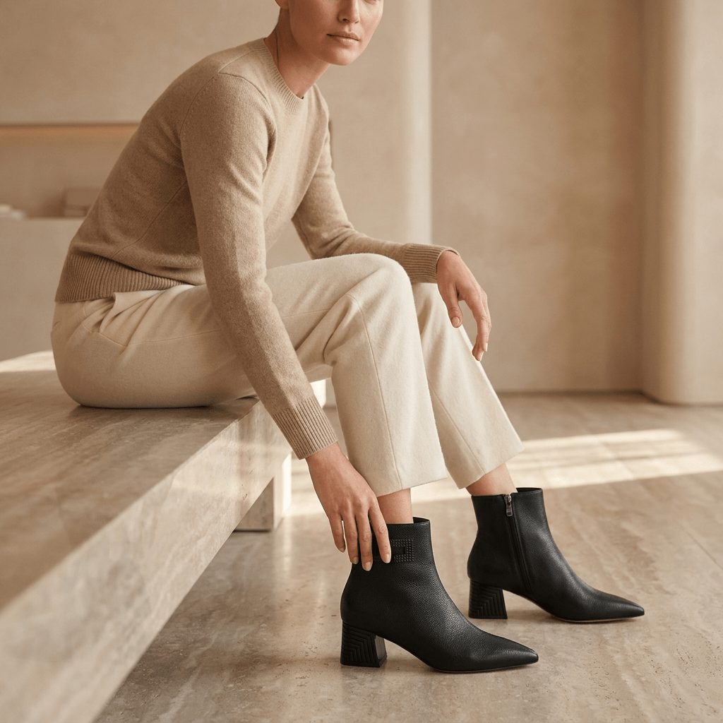 Mulher com camisola castanha sentada num degrau, com botins Azarey pretos de bico fino e salto geométrico