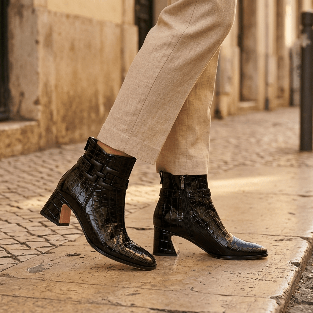 Pormenor de pernas a caminhar em calçada com botins Azarey pretos efeito croco e calças bege