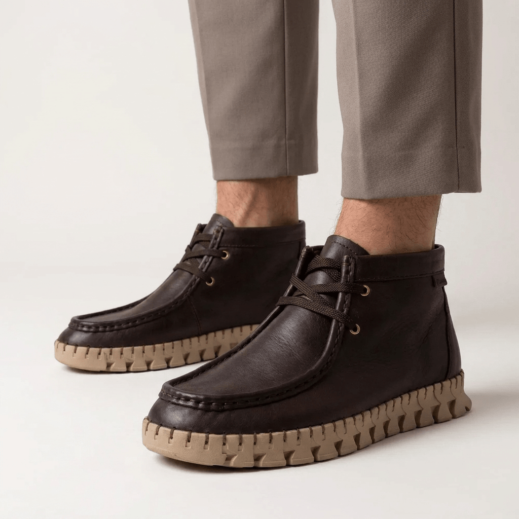 Pés calçados com botins Carmela wallabee castanhos e calças de alfaiataria cinzentas, com a costura de mocassim e a sola dentada bege à vista