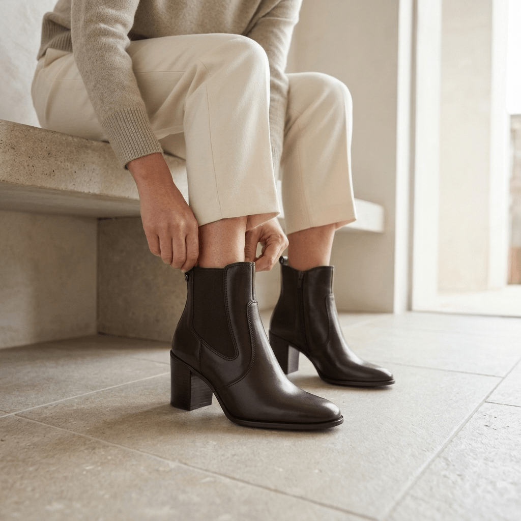 Mulher sentada num banco de pedra, de calças creme e camisola de malha bege, a ajustar os botins Janet & Janet castanho escuro com salto largo