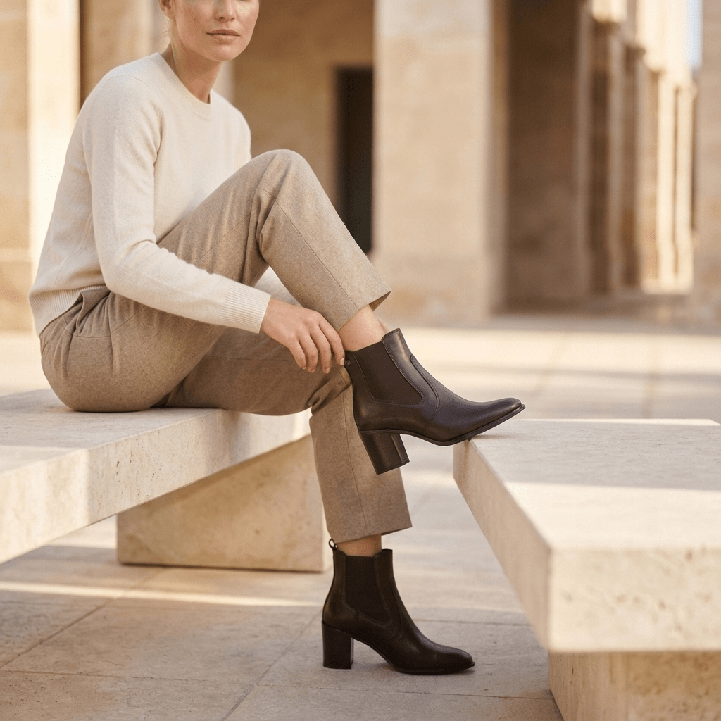 Mulher sentada num banco de pedra clara, de calças de alfaiataria bege e camisola creme, com os botins Janet & Janet castanho escuro cruzados à frente