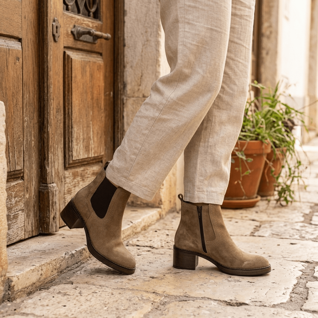 Botins Keys taupe em camurça calçados com calças de linho claras, junto a uma porta de madeira antiga e vasos de plantas, em calçada de pedra