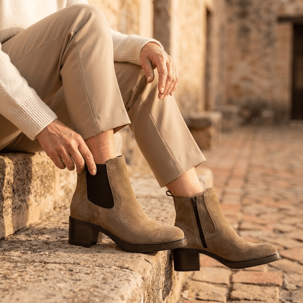 Botins Keys taupe em camurça calçados por mulher sentada num degrau de pedra, com calças bege e camisola creme, num pátio com calçada antiga