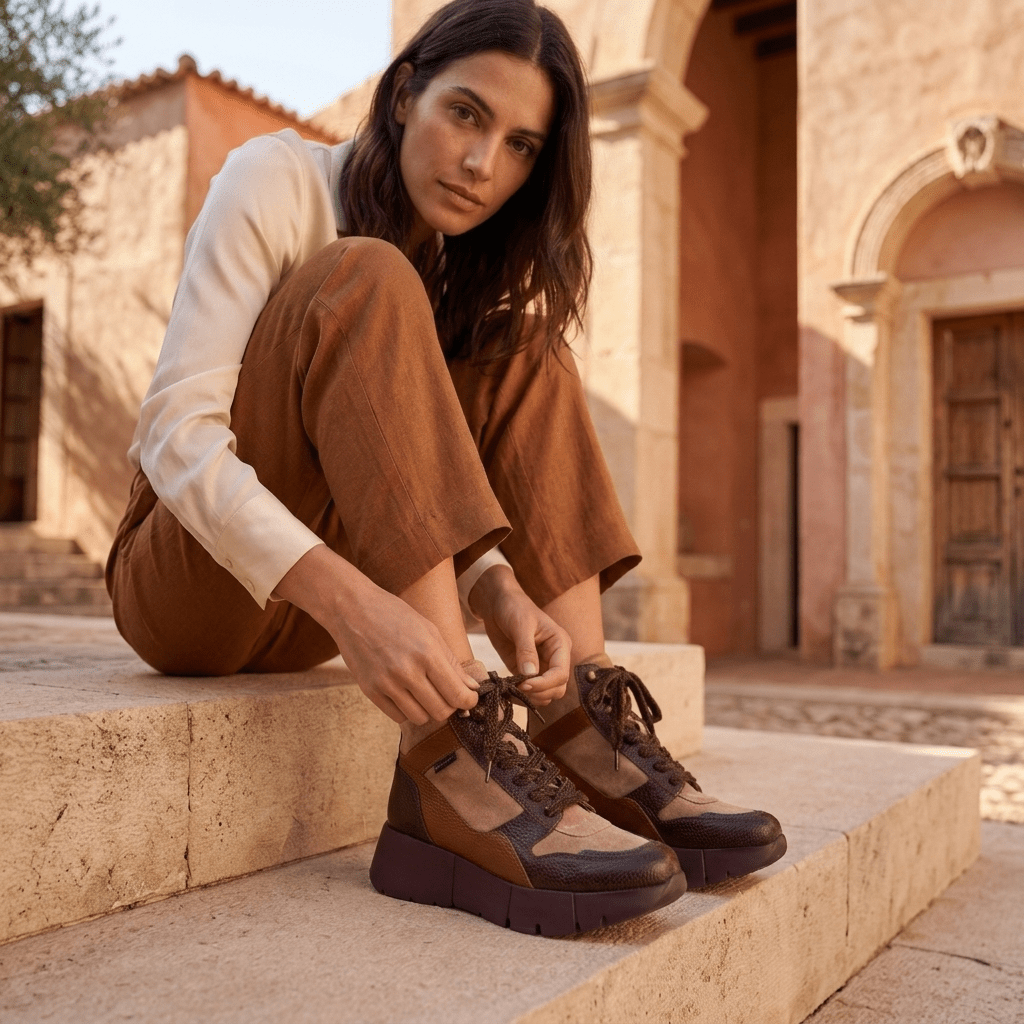 Mulher sentada junto a fachada de pedra antiga, a ajustar o botim Sport Hispanitas Chocolate-Amêndoa-Bordô, com calças em tom caramelo e blusa branca, ambiente de rua mediterrânica ao entardecer.