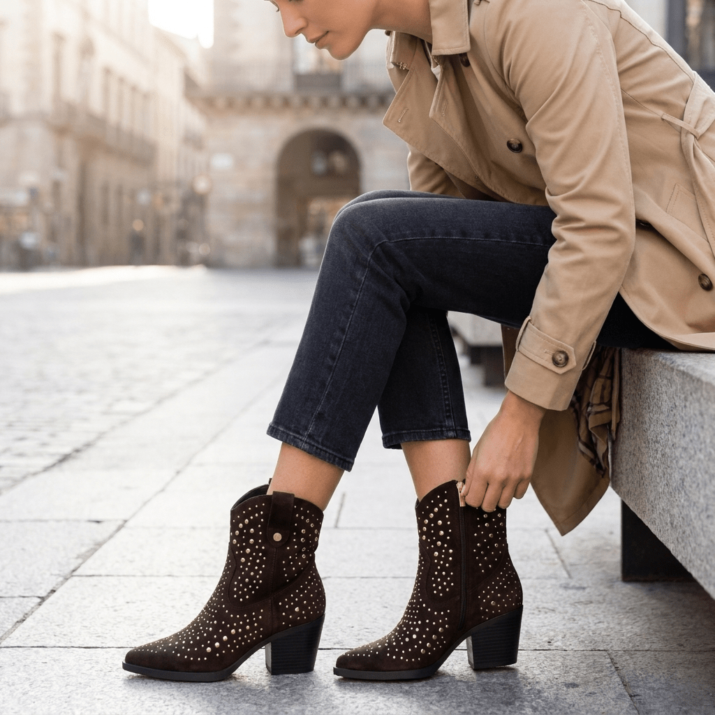 Mulher de gabardine bege e calças de ganga escuras sentada num banco de pedra com botins texanos XTi castanhos com tachas metálicas